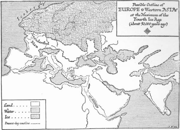 Map: Possible Outline of Europe and Western Asia at the Maximum  of the Fourth Ice Age (about 50,000 years ago)