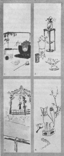 Cha no Yu (1). Sen Cha (2). Birth of Buddha (3). Inari (4). Plate LXVI. Cha no Yu (1). Sen Cha (2). Birth of Buddha (3). Inari (4). Plate LXVI.