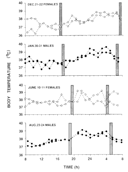 Relationship between body temperature and time of day body temp vs time of day
