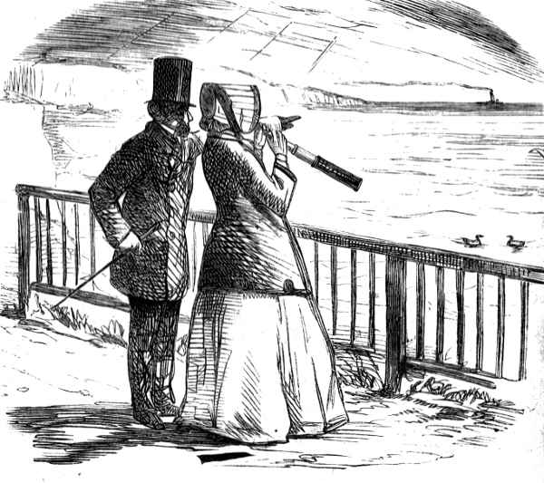 A couple at water's edge. Man points out ship. Woman views two water fowl.