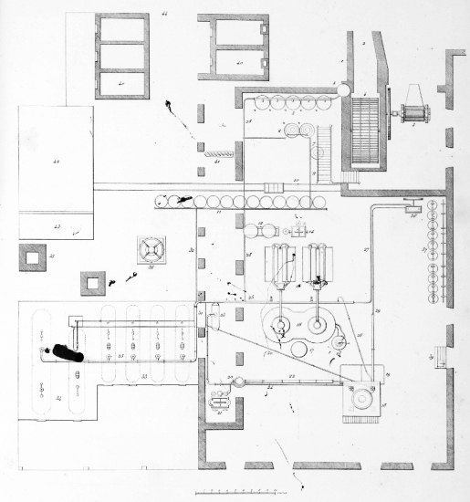 PLANO DE LA CASA DE CALDERAS DEL INGENIO AMISTAD Con fuerza motriz hidráulica.—Propiedad del Sr. D. JOAQUIN DE AYESTARAN.