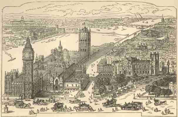 Houses of Parliament, Westminster Abbey, Westminster Hall, Crimean and Canning Monuments.  Penitentiary, Vauxhall Bridge, Lambeth Suspension Bridge, Lambeth Place, and Bethlehem Hospital in the distance