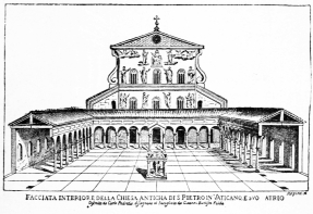 FACCIATA INTERIORE DELLA CHIESA ANTICHA DI S. PIETRO IN VATICANO, E SVO ATRIO  Descritta de Carlo Padredio disegnata et intagliata da Giovanni Battista Falde  Façade intérieure de l'ancienne église Saint-Pierre au Vatican.