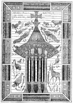 La Source de vie.  Peinture de l'Évangéliaire de Charlemagne.