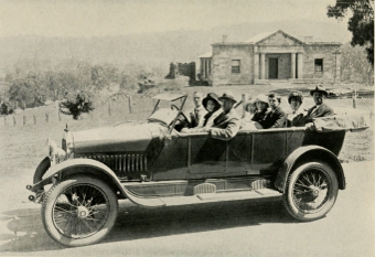 OUR PARTY EN ROUTE TO THE JENOLAN CAVES, JANUARY 20TH, 1921, IN FRONT OF OLD COURT HOUSE IN WHICH BUSHRANGERS WERE TRIED.
