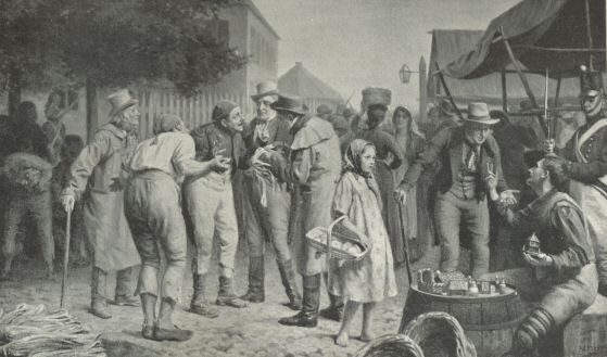 Plate XVII.—Plait Merchants trading with the French Prisoners of War at Norman Cross, Hunts.  Photogravure of painting by A. C. Cooke, Esq., and reproduced here by the kind permission of the artist