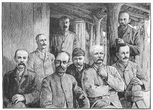 STANLEY, EMIN, AND OFFICERS AT USAMBIRO. STANLEY, EMIN, AND OFFICERS AT USAMBIRO.
