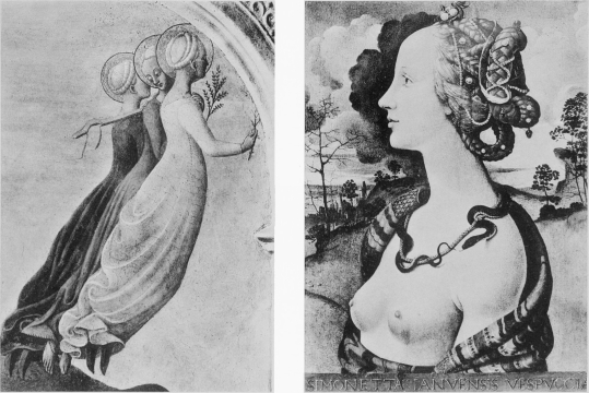 Plate XXIII. Photo. Giraudon.  THE MYSTIC MARRIAGE OF S. FRANCIS, BY SASSETTA.  Photo. Giraudon.  SIMONETTA VESPUCCIA, BY PIERRE DI COSIMO.  Musée Condé.  To face page 146