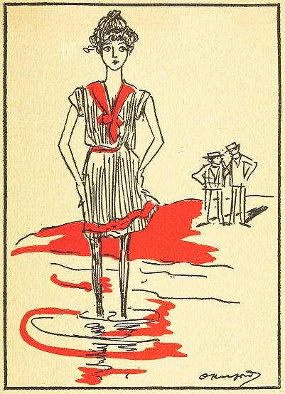 Woman wading at shore with very skinny legs, tw men looking on