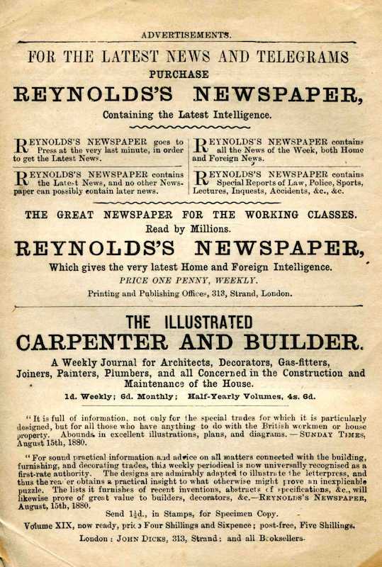 Advertisement Advertisement for “Reynolds’s Newspaper” and “The Illustrated Carpenter and Builder”