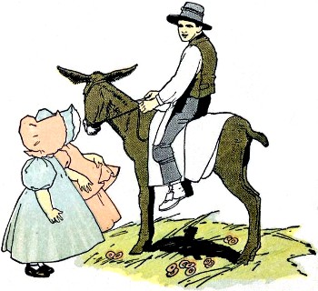 babies looking at boy on donkey in mountains