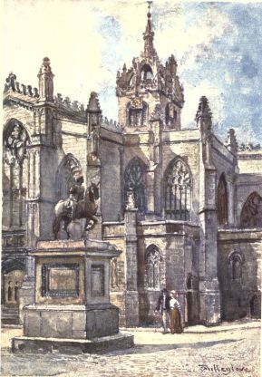 THE CHURCH OF ST. GILES FROM THE COURTS  A portion of the south end of the transept appears at the extreme left of the picture, and farther in the picture, to the east, is an equestrian statue of Charles II. A little to the west of this statue, and just out of the limits of the picture, is a stone, believed to cover the remains of John Knox. Above all rises the fine crown and spire of the tower.