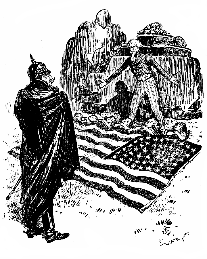Dead children under a U.S. flag