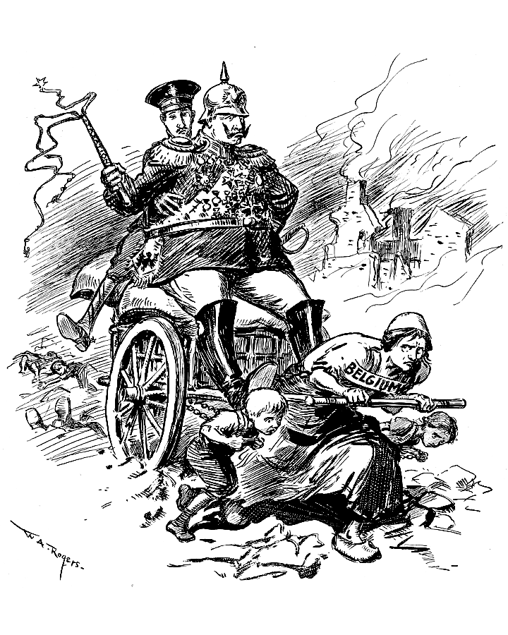 The Kaiser and Crown Prince using Belgian women and children             as a work horse.