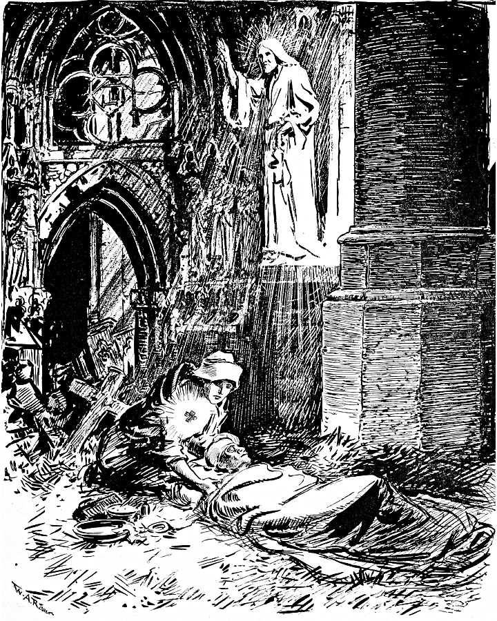 Nursing the wounded in a wrecked cathedral.