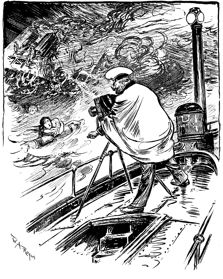 Officer on the deck of a U-boat filming sinking ship. 