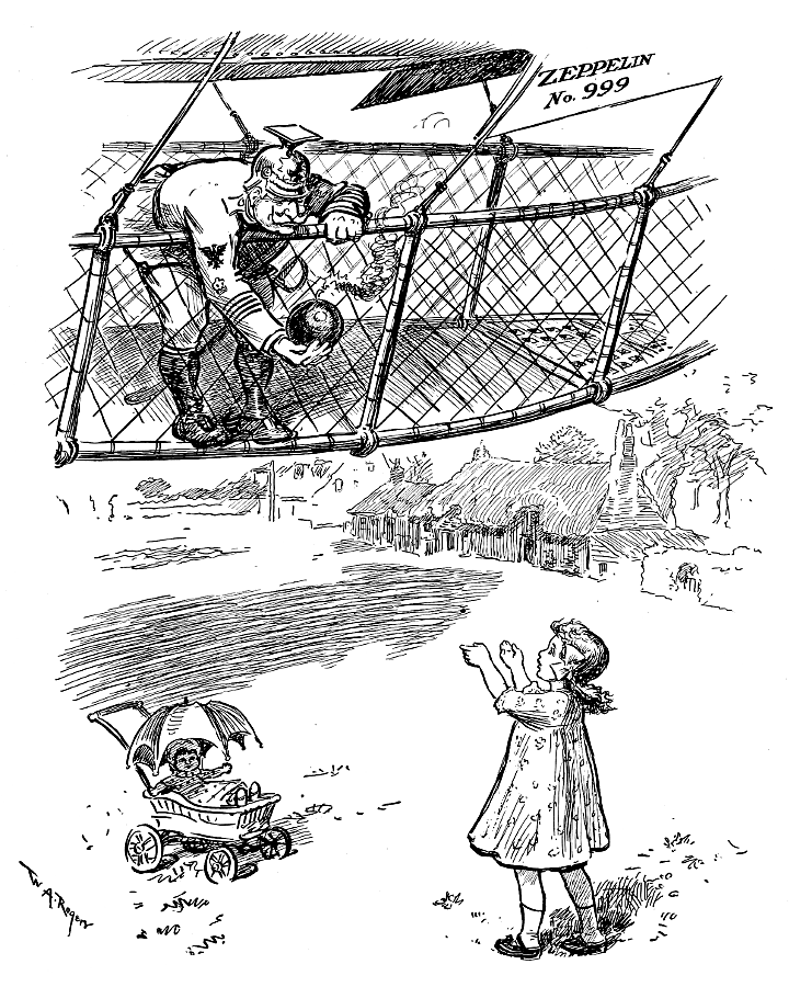 Zeppelin officer giving a bomb to a small girl.