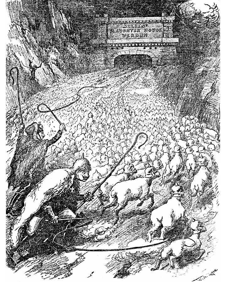 The Crown Prince and Kaiser herding sheep wearing pickelhaube              to Verdun