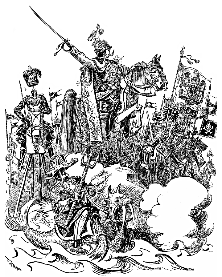 Empty uniforms posed on wooden horses.