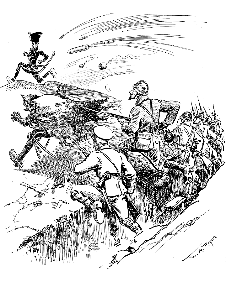 French troops leaving trenches to chase the fleeing              Kaiser and Crown Prince.