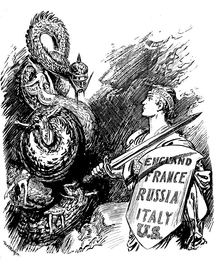 The allies as a ancient Greek soldier; Germany as a coiled snake.