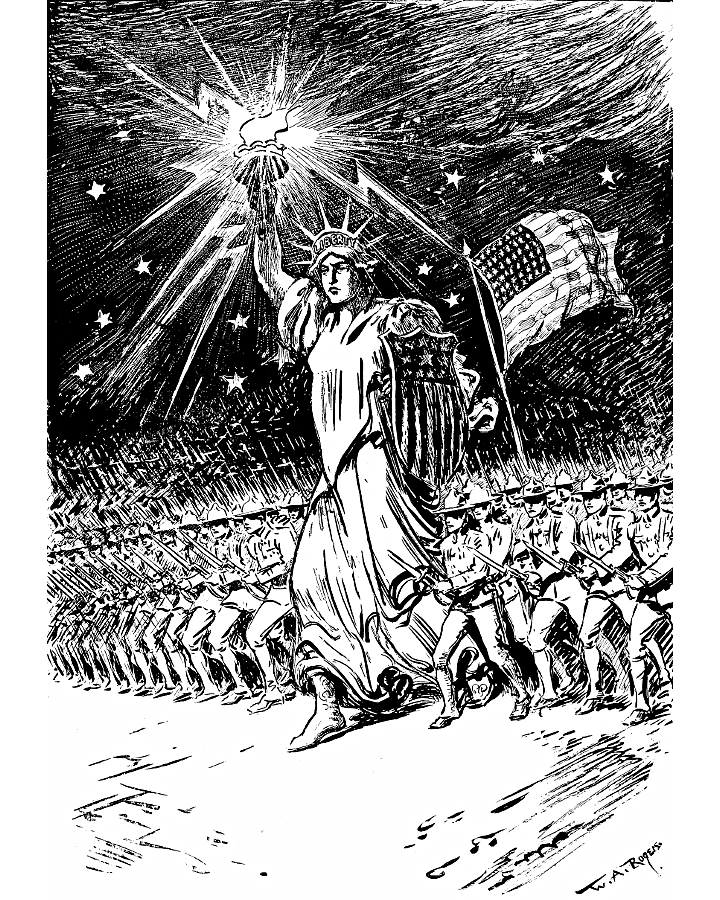 Lady Liberty leading American troops.