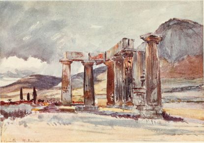 THE TEMPLE AT CORINTH  The five columns to the right belong to the Western Peristyle, and the two columns in front of us to the Southern Peristyle. These columns are all monolithic. The remains of the Temple at Corinth are amongst the most ancient existing monuments of Doric architecture. Above the Temple to the right is the lofty Acropolis of Corinth (the Acro-Corinthus), with the mediæval fortifications on its summit. Careful observers will notice that the capital of the near column has been turned round on its shaft, no doubt owing to the action of earthquakes.