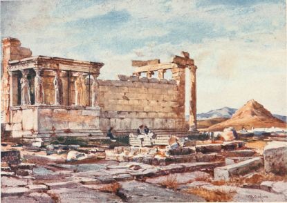 THE SOUTHERN SIDE OF THE ERECHTHEUM, WITH THE FOUNDATIONS OF THE EARLIER TEMPLE OF ATHENA POLIAS  The Caryatid portico and south wall of the Erechtheum show very delicate opalescent colours, due chiefly to reflected light from the large slabs and drums of marble lying on the ground north of the Parthenon. The dark Caryatid is a terra-cotta substitute for the original, one of the greatest treasures of the British Museum. The sub-structures in the foreground are the foundations of the archaic Temple; to the right, in the background, Pentelikon, and, in front of it, Lycabettos brilliantly illuminated by the setting sun.