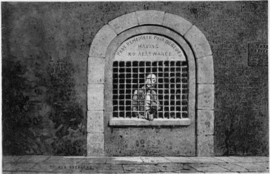 The Fleet Beggar  From the painting by Hosmer Shepherd  At the barred window at the gate of the Fleet prison, it was the custom for an emaciated debtor to sit, rattling his money-box and imploring alms. English law made no regular provision for the imprisoned debtors. The creditor was supposed to contribute fourpence daily to provide him with food, but this was rarely made and could only be enforced by process of law. 