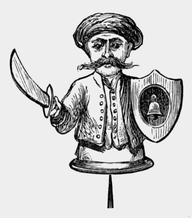 bust of man with sword and shield