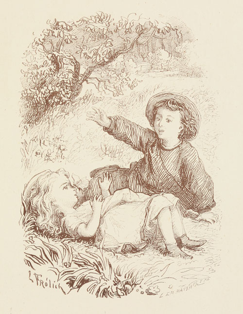 Minnie lying on the ground with the butterfly perched on her nose; Bertie sits next to her.