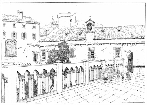 TERRACE OF THE FRANCISCAN MONASTERY WITH THE TORRE MENZE IN THE BACKGROUND
