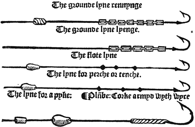 The grounde lyne rennynge The grounde lyne lyenge. The flote lyne The lyne for perche or tenche. The lyne for a pyke : ¶ Pln̄be : Corke armyd wyth wyre