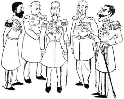 Illustration: Portrait of five men in military uniforms.