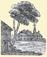 Decorative graphic of building with tree, and houses with church in background