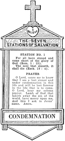 Diagram of Station No. 1. Condemnation. For all have sinned and come short as the glory of God (Rom. 3:23). The soul that sinneth, it shall die (Ezek. 18:4). PRAYER O Lord, cause me to know that I am a lost sinner and under condemnation in this life and will be lost forever in the life that is to come. O Lord, hear my solemn prayer. Lamb of God that taketh away the sin of the world, have mercy upon me. And this I ask in Jesus' name. Amen.