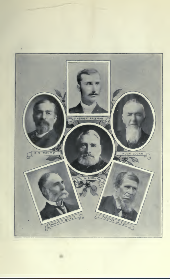 D. Herbert Freeman, M. D. Pride, Geo. W. Christie, Hugh Logan, Thomas R. Black, and Thomas Lusby.