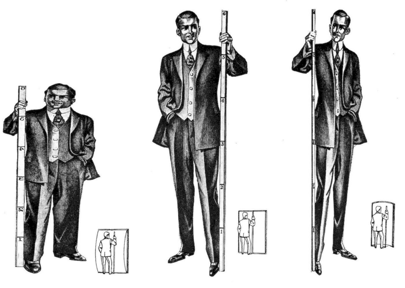 Three man of varying heights, each standing next to a vertical measuring stick. The measuring sticks are marked with numbers, representing units of height, and each man is dressed in a suit with a vest and tie.
