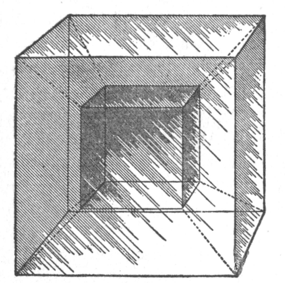A four-dimensional cube-like solid if transparent and looked at with one eye would appear something like this picture.