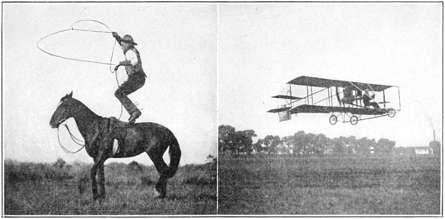 Man standing on horse-back with lasso; Low-flying biplane