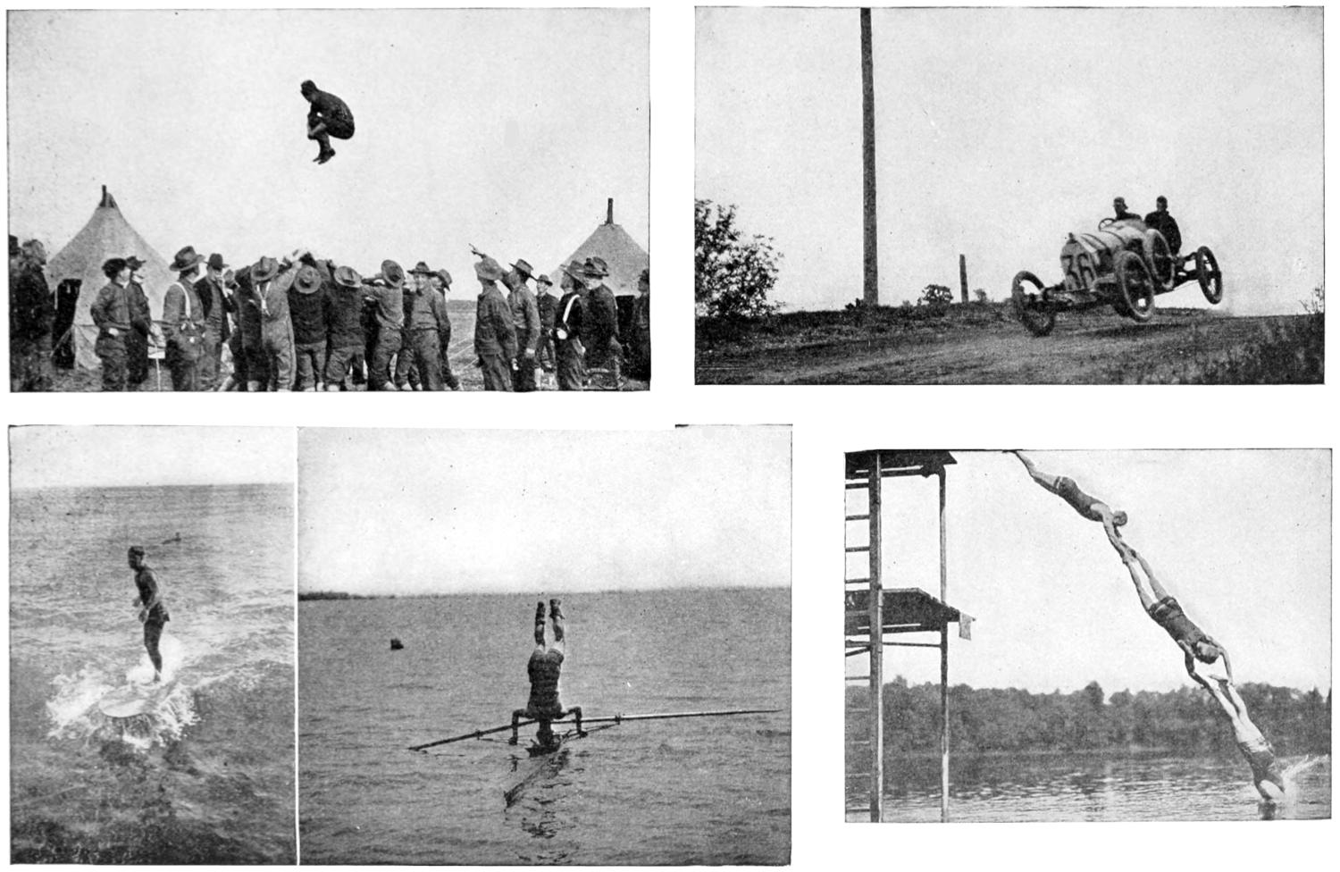 Somersault in the air -- Racing car jumping on dirt road -- Surfer standing on board -- Rower doing handstand in boat -- Divers holding each other's hands and feet