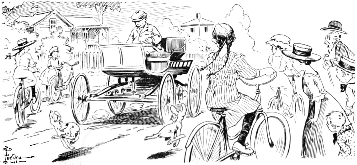 Cartoon: panicking people and animals in street when antique car passes by