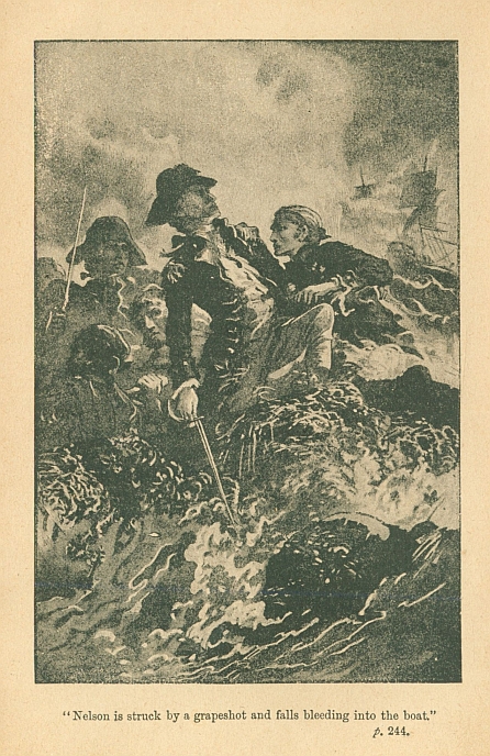 "Nelson is struck by a grapeshot and falls bleeding into the boat." <i>p</i> 244.