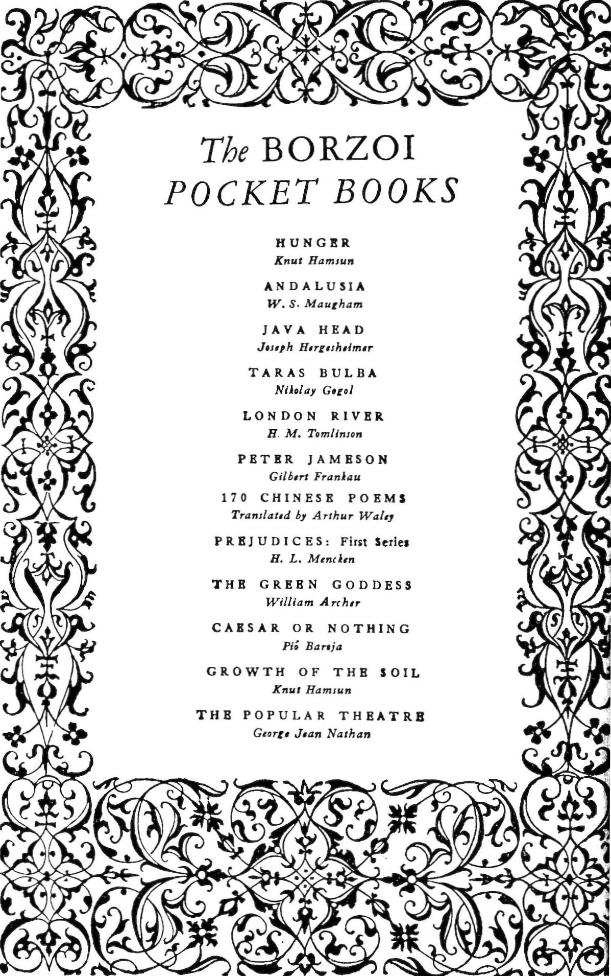This image is a decorative title page for The Borzoi Pocket Books, featuring an ornate floral border design around a centered list of book titles and authors.