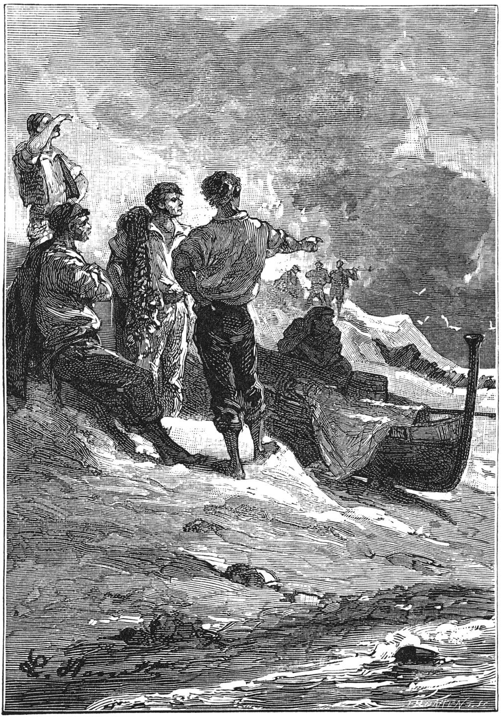 Eenige visschers drentelden op het strand heen en weer. (Bladz. 139.)