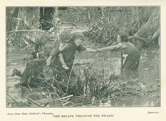 <i>Scene from Mary Pickford's Photoplay</i>. <i>Sparrows</i>.  THE ESCAPE THROUGH THE SWAMP.
