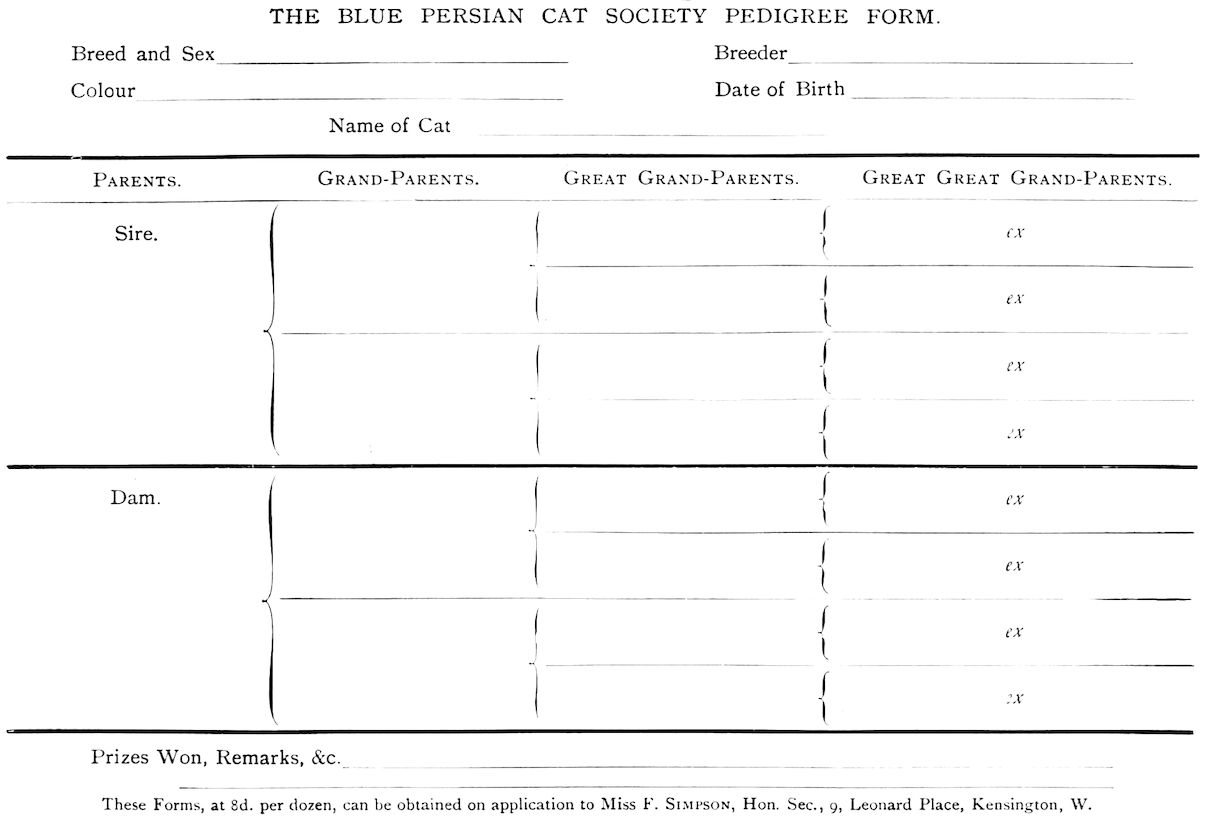 THE BLUE PERSIAN CAT SOCIETY PEDIGREE FORM.