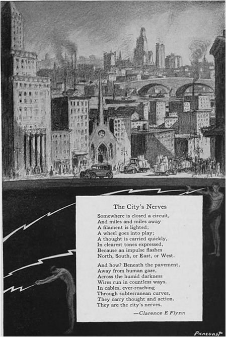 [Illustration’s upper half depicts an above-ground daytime view of a cityscape. The lower half depicts a below-ground view cast in darkness except for two unclothed men; bolts of electricity extend from their hands. The art is signed “Pancoast.”]