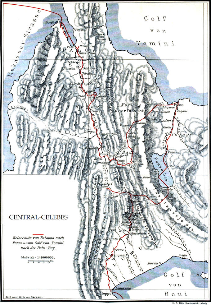 Karte von Zentral-Celebes,   eingezeichnet sind die im Buch beschriebenen Reiserouten