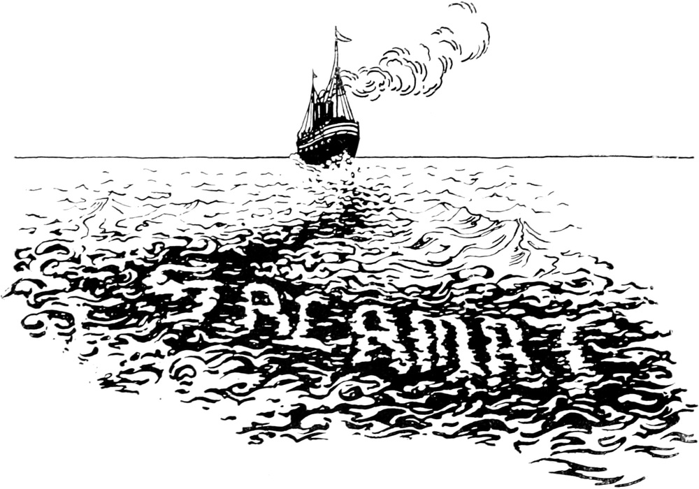 Der Dampfer auf der Rückfahrt; in den Wellen steht das Wort "Salamat"